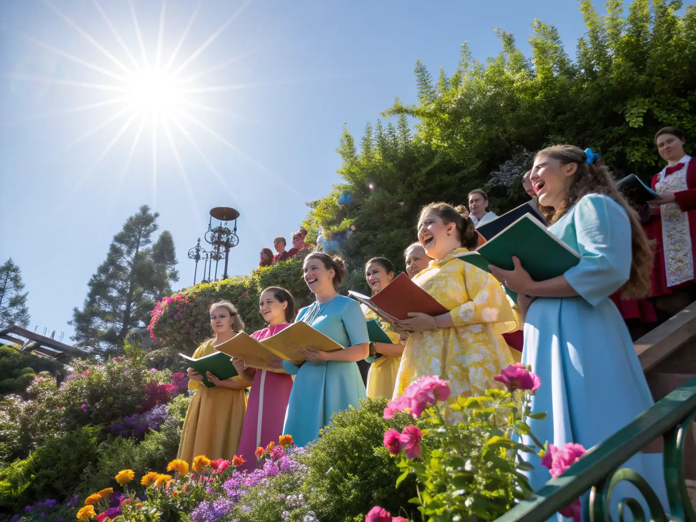 A choir performing in a public square, surrounded by an engaged audience, with banners displaying messages of peace and equality.
