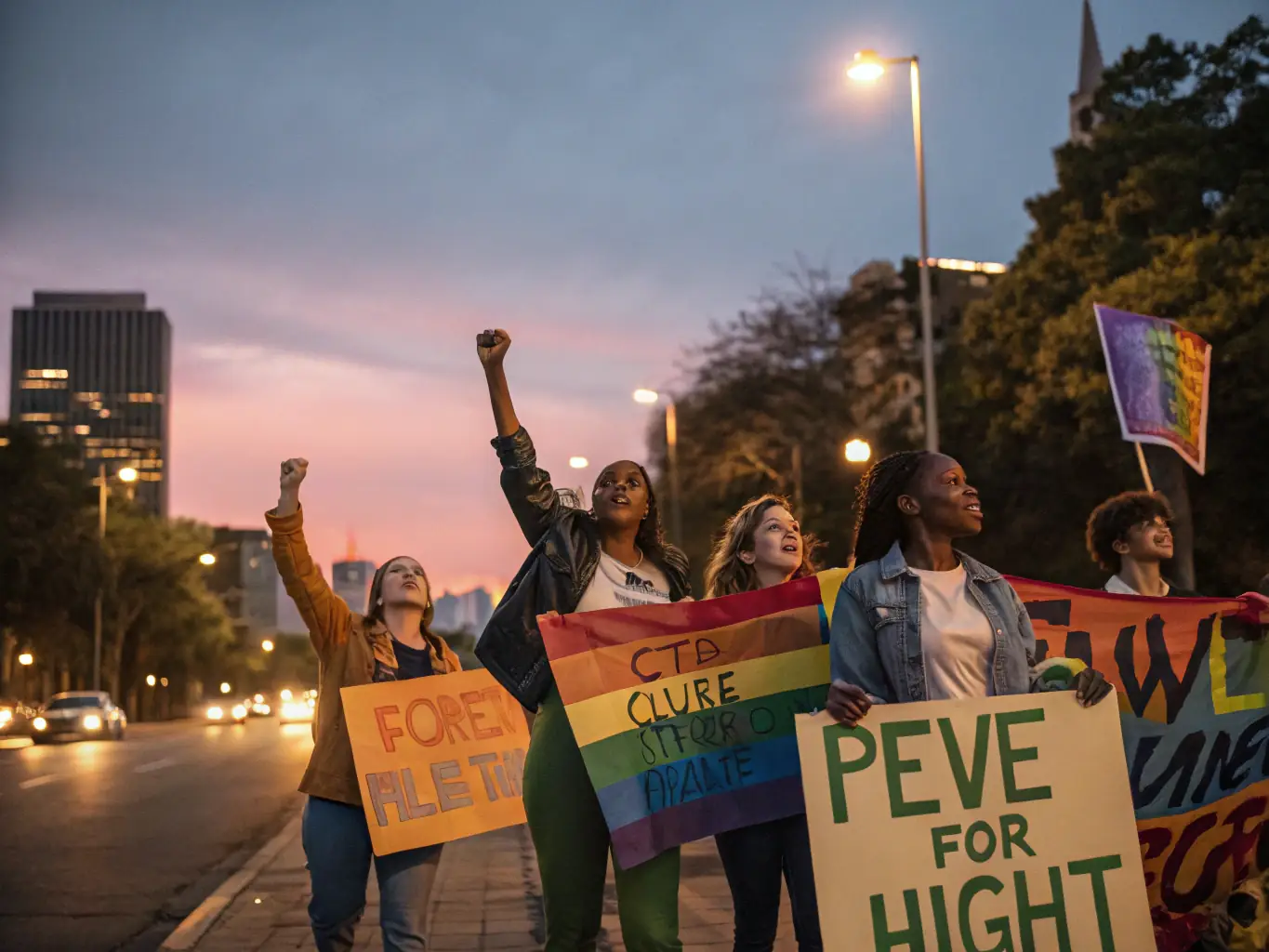 A diverse choir singing at a peaceful protest, holding signs advocating for human rights, bathed in the warm light of a late afternoon.
